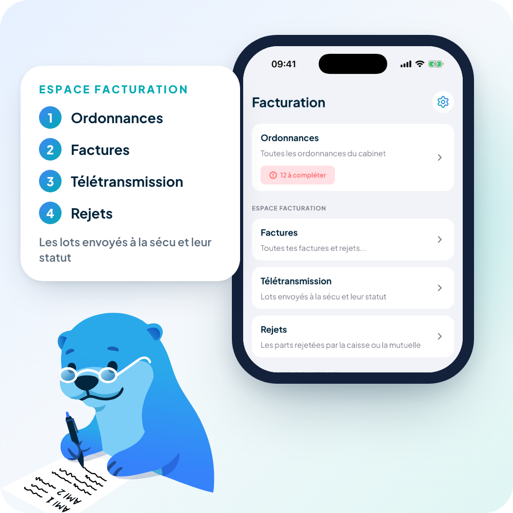 L'onglet Facturation de l'application Swily : Ordonnances (12 à compléter), Factures, Télétransmission et Rejets, à côté d'Otty, la loutre de Swily, qui écrit une cotation